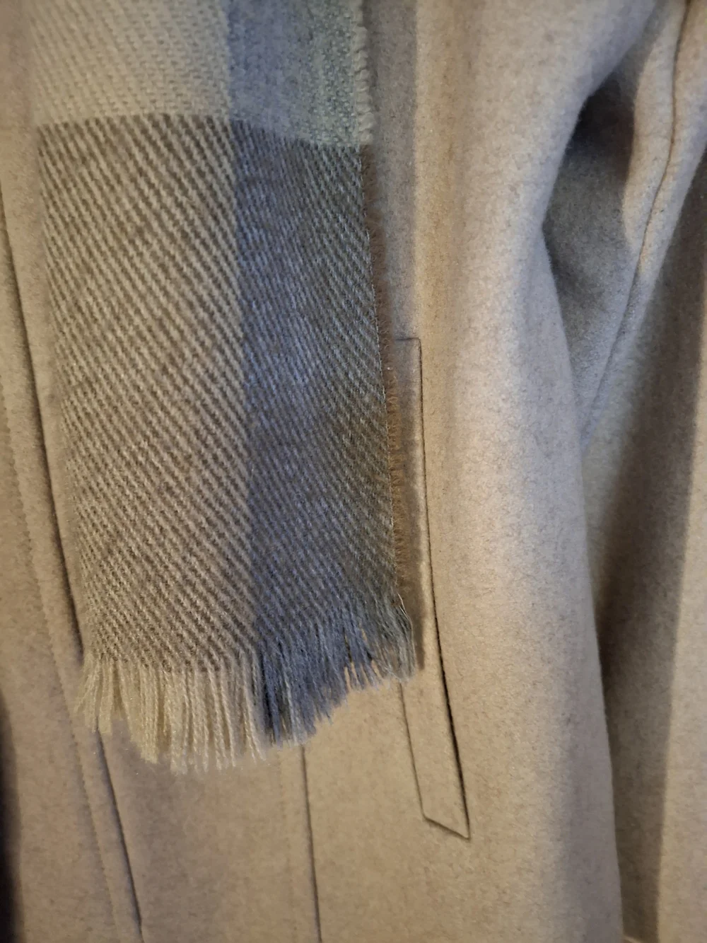 London Fog Beige Wool Pea Coat with Plaid Scarf